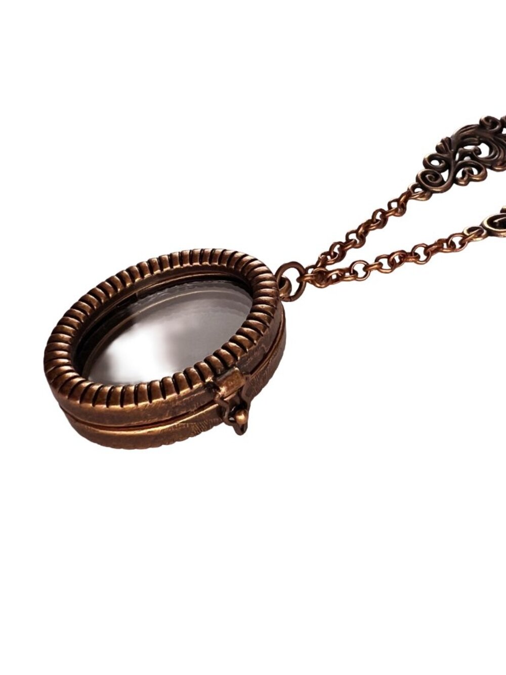 Glass Locket Vintage Style Keepsake Memory Antique Copper Tone Filigree Chain